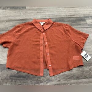 Open Edit Sheer Cropped Button-Down Shirt